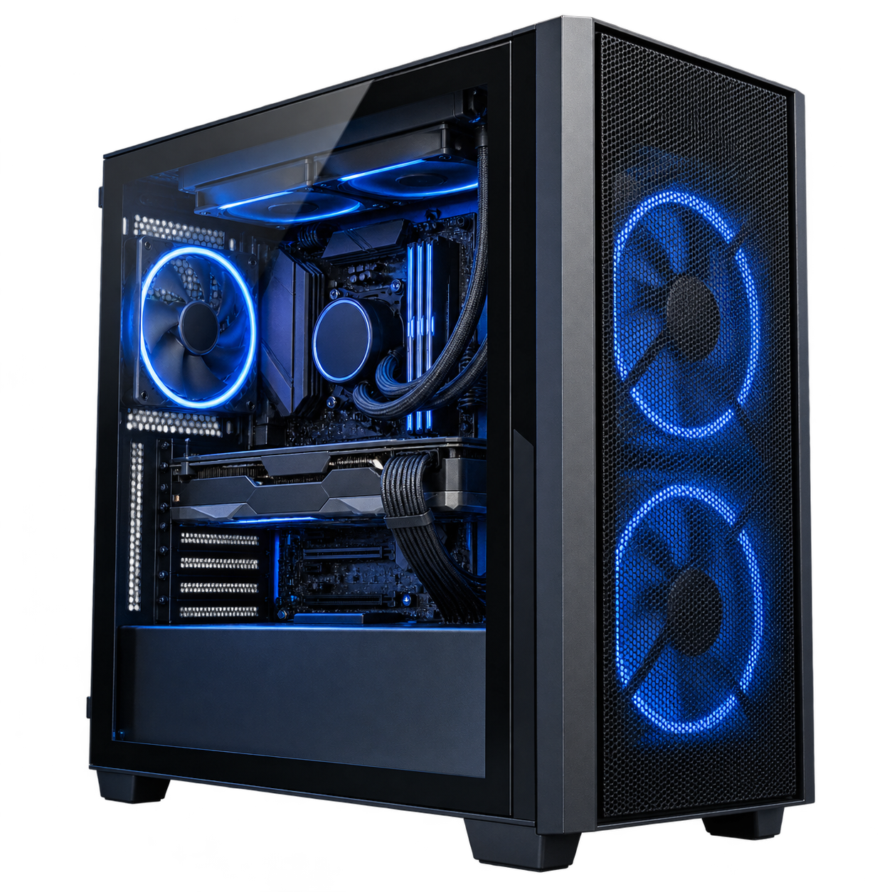Ilustrasi PC tower hitam dengan pencahayaan biru